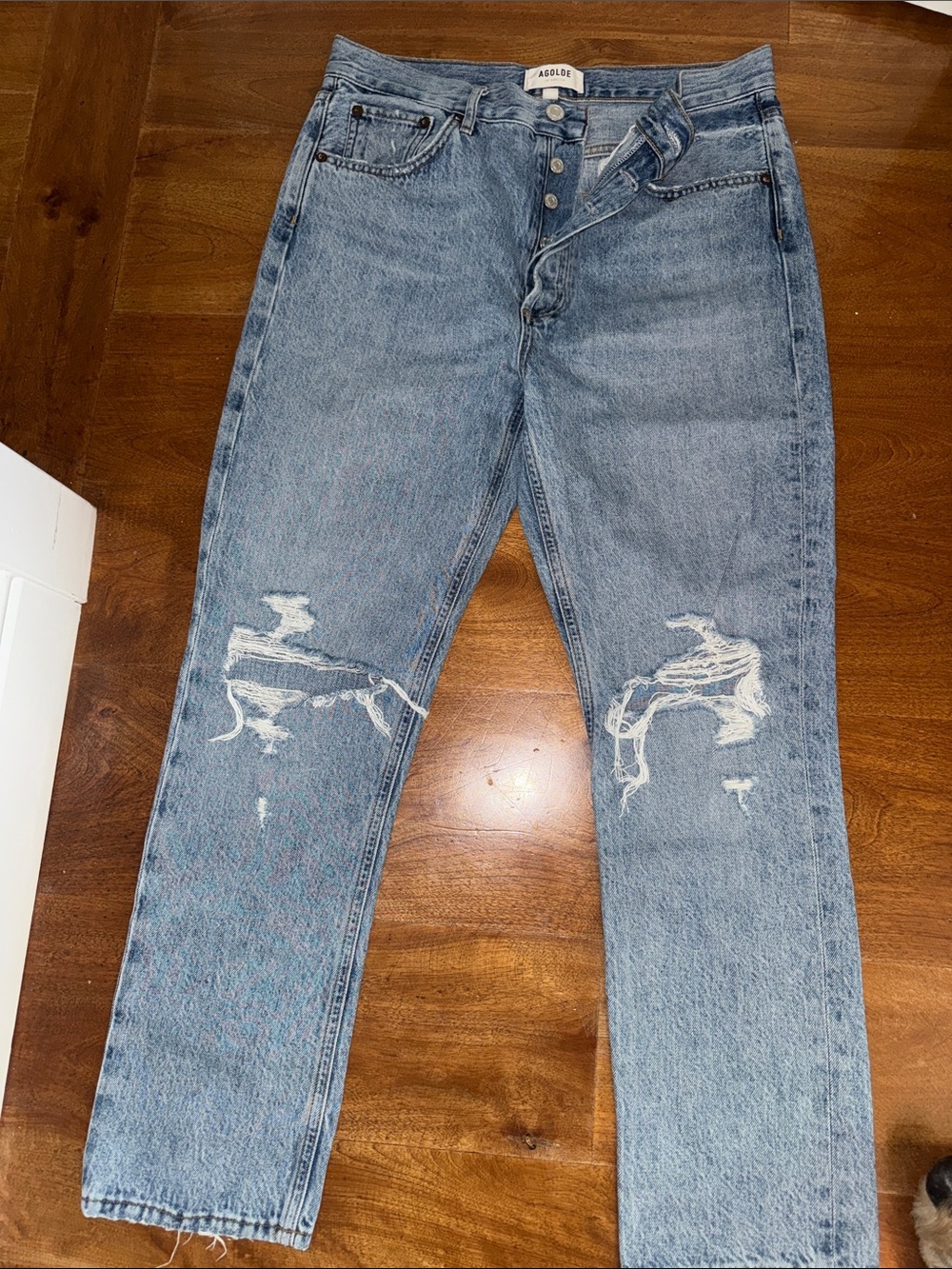Agolde Woman’s Light Blue Distressed Straight Jeans